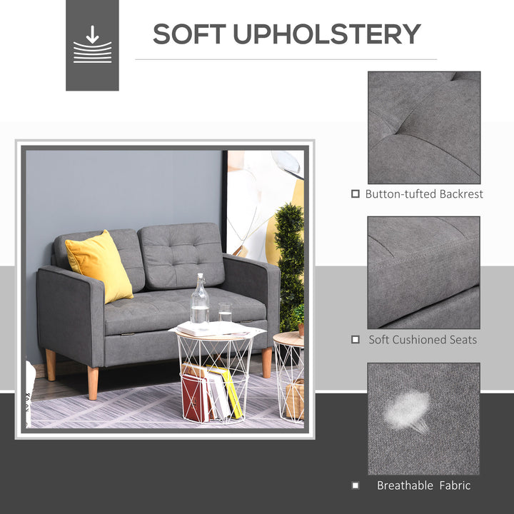 Modern 2 Seater Sofa with Hidden Storage, 117cm Tufted Cotton Couch, Compact Loveseat Sofa with Wood Legs, Grey