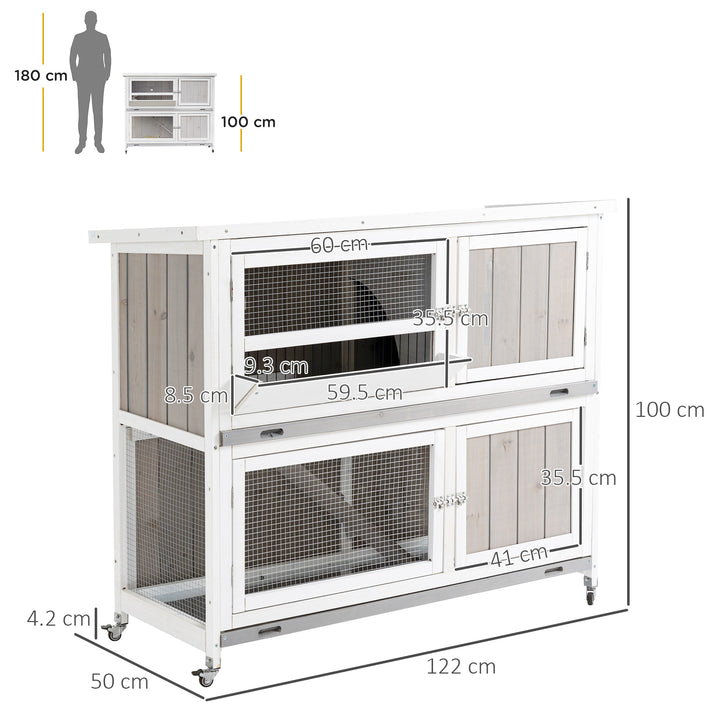 PawHut Wooden Rabbit Hutch Two-Tier Guinea Pig Cage Elevated Multi-Door Pet House Bunny Cage w/ Rain Cover, Wheels, Slide-Out Tray, Grey