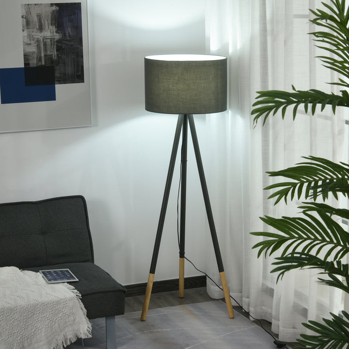 Steel Tripod Floor Lamp w/ Fabric Lampshade Modern- Grey