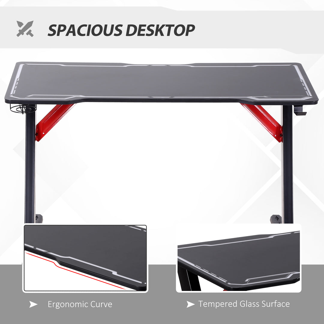 HOMCOM LED Gaming Desk, 120cm Racing Style Computer Table with Lights Cup Holder Headphone Hook Cable Management E-Sport Study Workstation – Black
