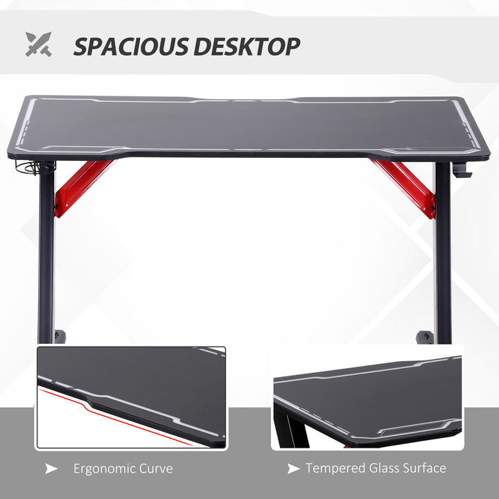 HOMCOM LED Gaming Desk, 120cm Racing Style Computer Table with Lights Cup Holder Headphone Hook Cable Management E-Sport Study Workstation – Black