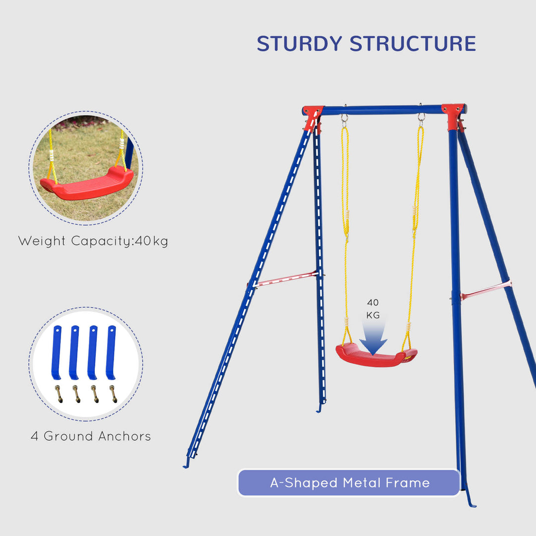 Metal Swing Set with Seat Adjustable Rope Heavy Duty A-Frame Stand Backyard Outdoor Playset for Kids Fun 6-12 Years Old Blue