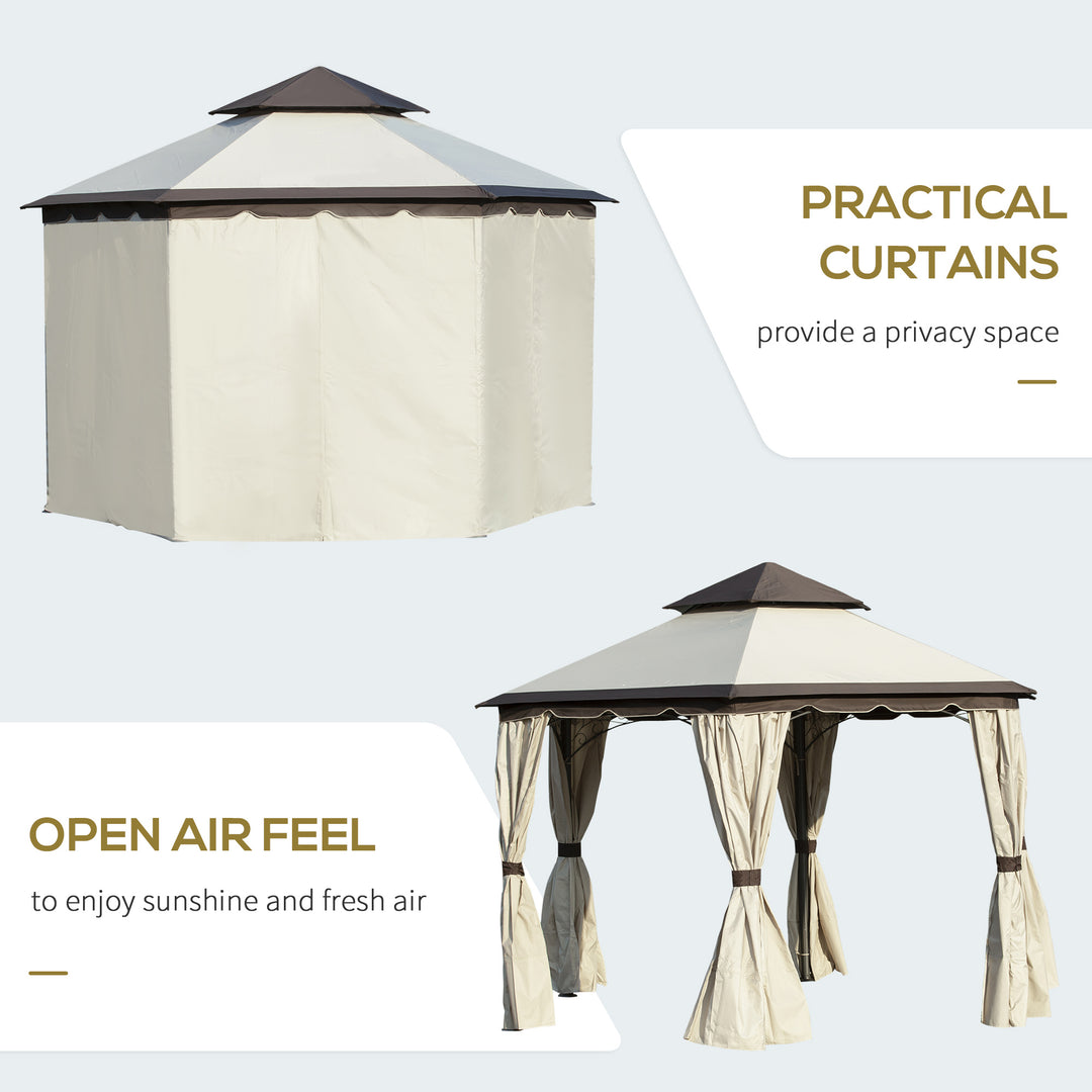 Outsunny 3.4m Steel Gazebo Canopy Party Tent Garden Pavilion Patio Shelter with Curtains &amp; 2 Tier Roof, Beige