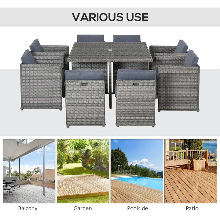 Outsunny Patio 8-Seater Rattan Dining Table Chair Set Garden Wicker Cube Sofa Furniture w/ Umbrella Hole Table for Indoor &amp; Outdoor Mixed Grey