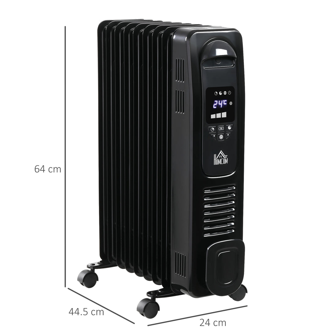 HOMCOM 2180W Digital Oil Filled Radiator, 9 Fin, Portable Electric Heater with LED Display, Timer 3 Heat Settings Safety Cut-Off Remote Control Black
