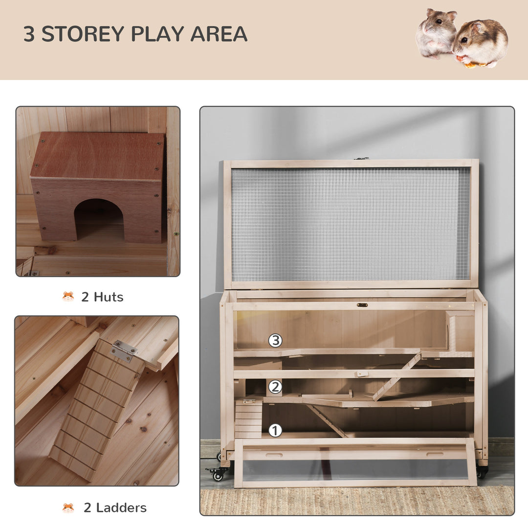 Wooden Hamster Cage, Mice Rodent Small Animals Kit Hutch, 3 Tiers Exercise Play House, with Wheels, Bottom Tray, 99 x 50 x 69 cm, Natural Wood