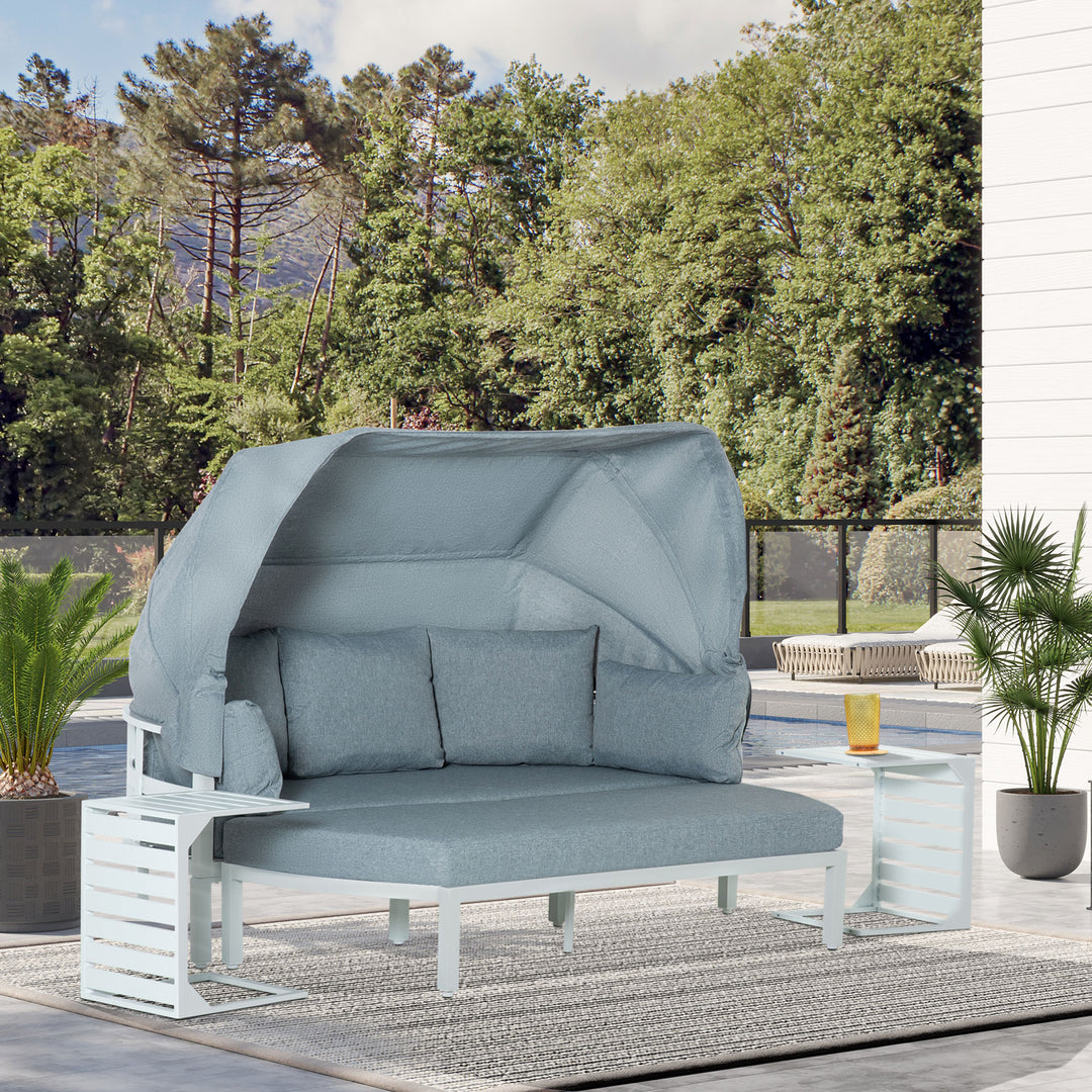 4 Pieces Outdoor Garden Sofa Set, Aluminum Patio Lounge Bed Furniture Set, with Canopy, Padded Cushions &amp; Side Tables, White
