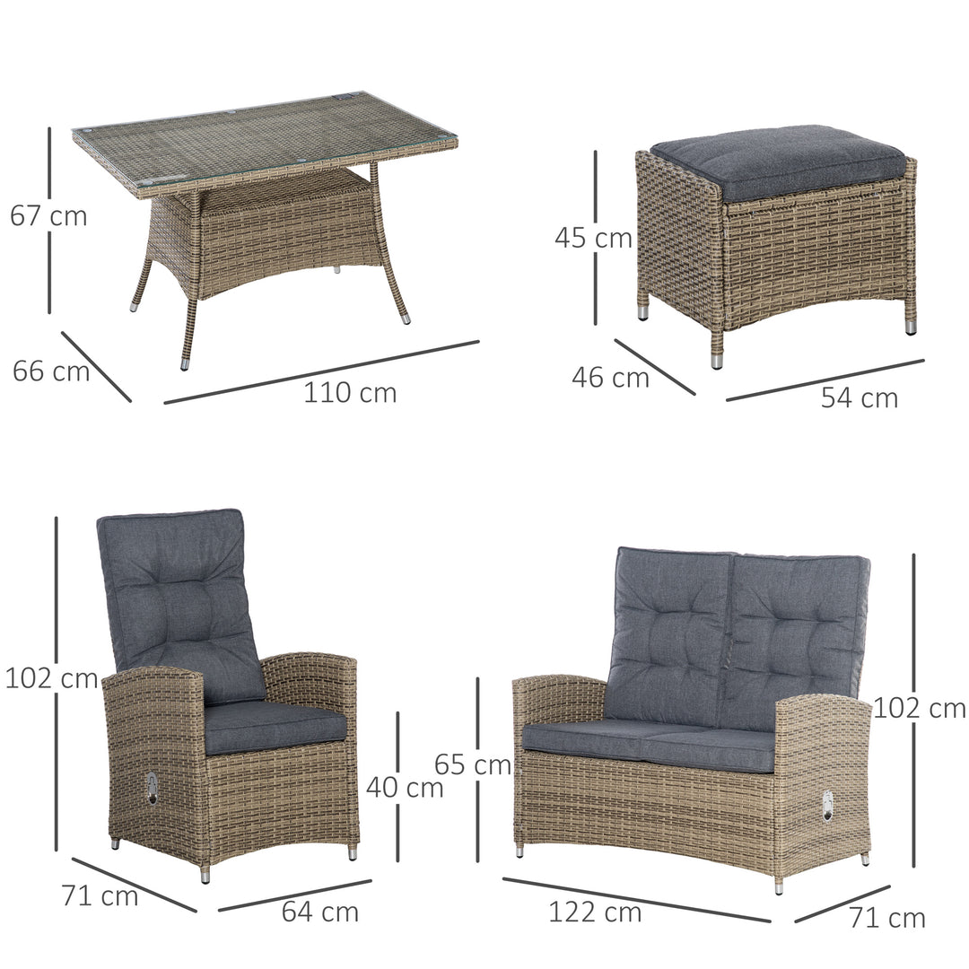 6 Pieces PE Rattan Dining Set, Patio Wicker Conversation Furniture, Tempered Glass Table-top Dining Table w/ Storage Layer, Mixed Grey
