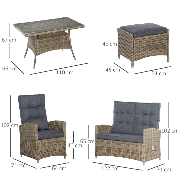 6 Pieces PE Rattan Dining Set, Patio Wicker Conversation Furniture, Tempered Glass Table-top Dining Table w/ Storage Layer, Mixed Grey