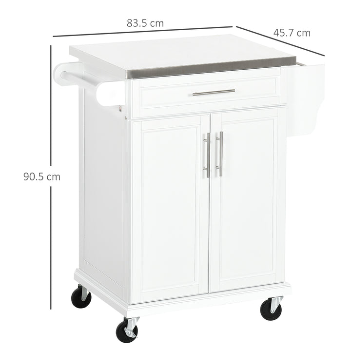White Wooden Freestanding Kitchen Island on Wheels, Serving Cart Storage Trolley with Stainless Steel Top, Drawer, Side Handle and Rack