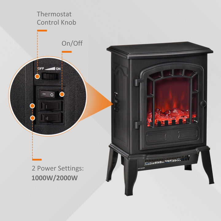 Free standing Electric Fireplace Stove, Fireplace Heater with Realistic Flame Effect, Overheat Safety Protection, 1000W/2000W, Black