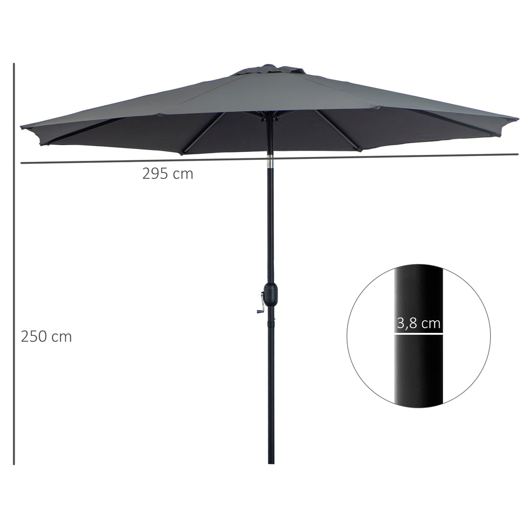 3(m) Tilting Parasol Garden Umbrellas, Outdoor Sun Shade with 8 Ribs, Tilt and Crank Handle for Balcony, Bench, Garden, Dark Grey