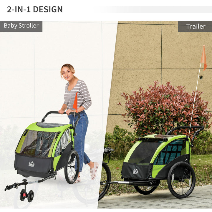 2 In 1 Trailer for Kids Child Foldable Baby Stroller 2-Seater Transport Carrier with Adjustable Handlebar Storage Bag Flag Green by HOMCOM