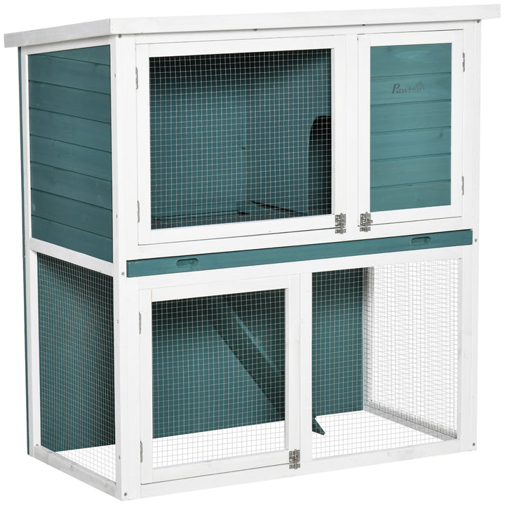 2 Tier Wooden Rabbit Hutch, Guinea Pig Cage, Bunny Run, Small Animal House for Indoor Outdoor with Slide-out Tray, 104 x 58 x 110cm, Green