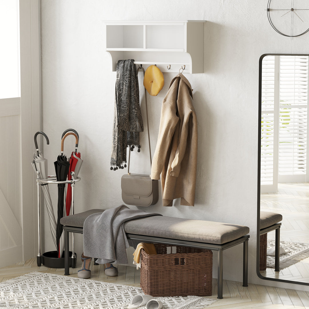 Entryway Coat Rack Wall Mounted Shelf w/Wicker Basket and Hooks (2 Baskets, White)