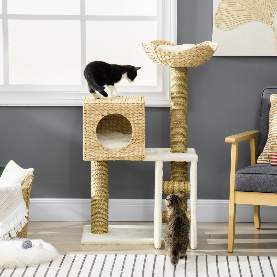 Cat Tree for Indoor Cats Kitten Tower Cattail Weave with Scratching Posts, Cat House, Bed， Washable Cushions Natural, 57 x 37 x 100.5 cm