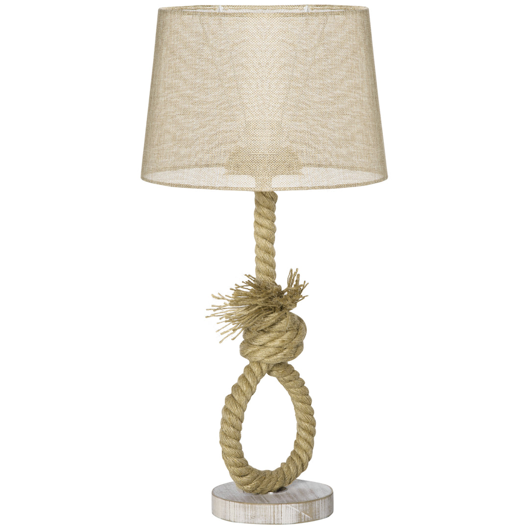 HOMCOM Nautical Table Lamp, Farmhouse Bedside Lamp with Knotted Rope and Fabric Lampshade for Bedroom, Study, Living Room, Beige