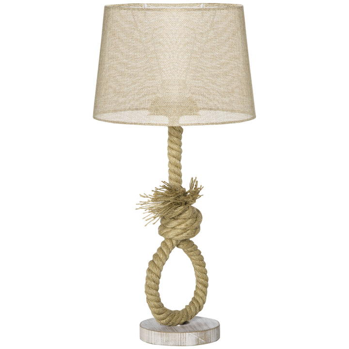 HOMCOM Nautical Table Lamp, Farmhouse Bedside Lamp with Knotted Rope and Fabric Lampshade for Bedroom, Study, Living Room, Beige