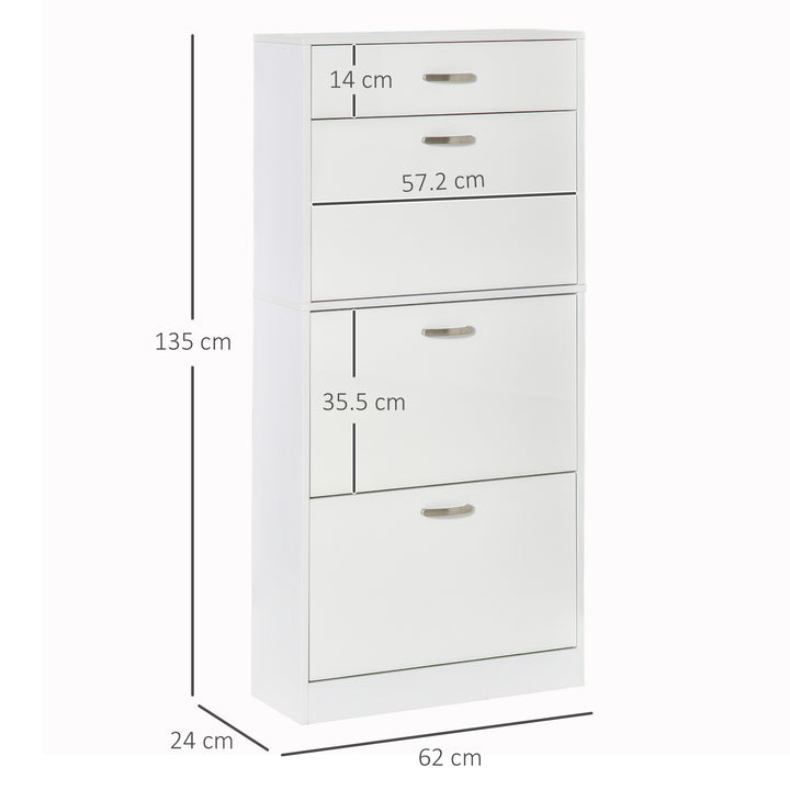 Shoe Cabinet with 4 Drawers Storage High Gloss Cupboard with Flip Doors Pull Down Furniture Unit with Adjustable Shelves for 18 Pairs White