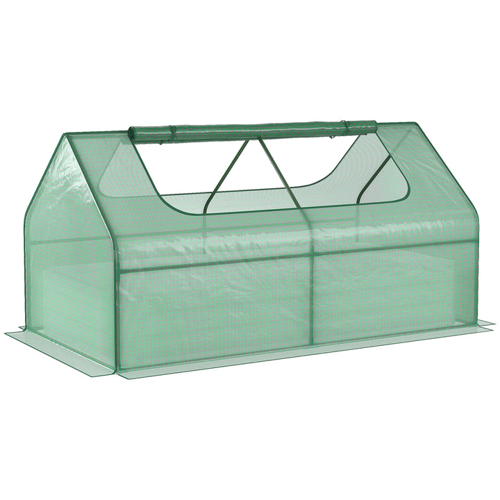 Raised Garden Bed with Greenhouse, Steel Planter Box with Plastic Cover, Roll Up Window, Dual Use for Flowers, Vegetables, Fruits and Herbs, 185L x 95W x 92H cm, Green