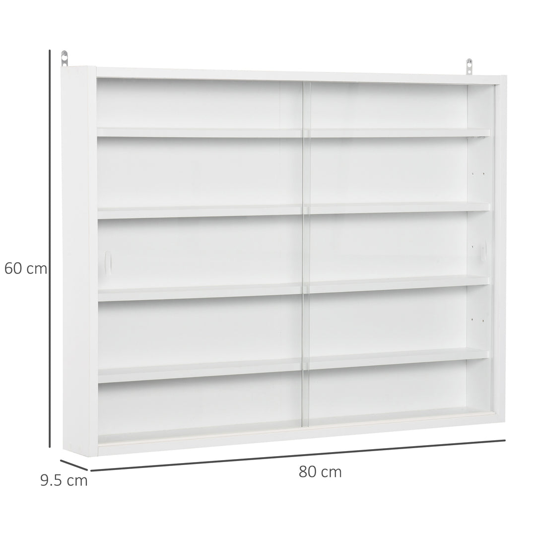 5-Tier Wall Display Shelf Unit Cabinet w/ 4 Adjustable Shelves Glass Doors Home Office Ornaments 60x80cm White