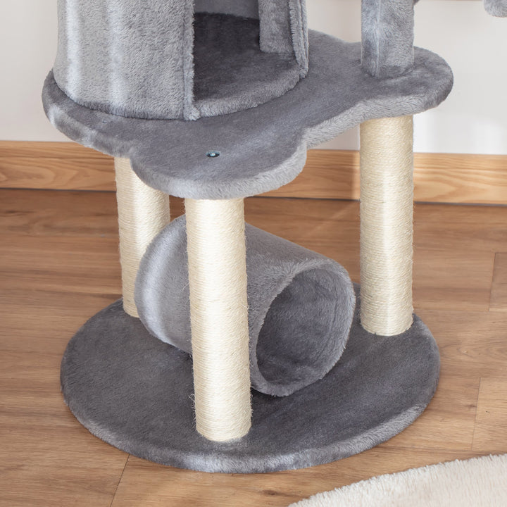 PawHut Cat Tree Tower Climbing Activity Center Kitten Furniture with Jute Scratching Post Bed Tunnel Perch Hanging Balls Grey