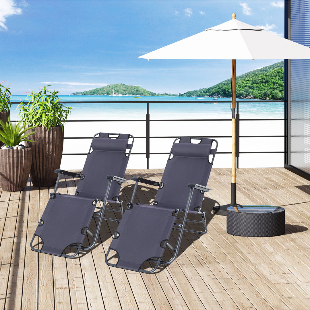 Outsunny 2 Pieces Foldable Sun Loungers with Adjustable Back, Outdoor Reclining Garden Chairs with Pillow and Armrests, Grey