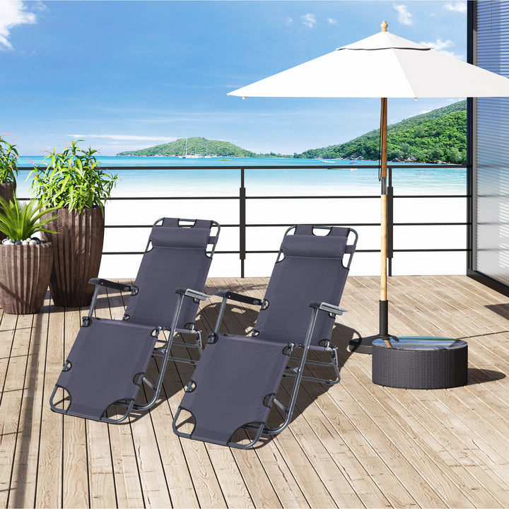 Outsunny 2 Pieces Foldable Sun Loungers with Adjustable Back, Outdoor Reclining Garden Chairs with Pillow and Armrests, Grey