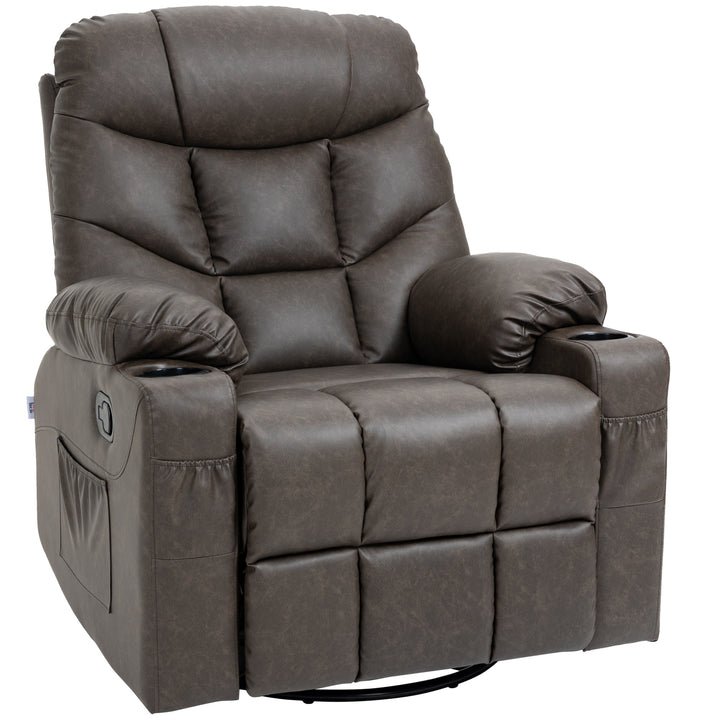 Manual Reclining Chair, Recliner Armchair with Faux Leather, Footrest, Cup Holders, 86x93x102cm, Brown