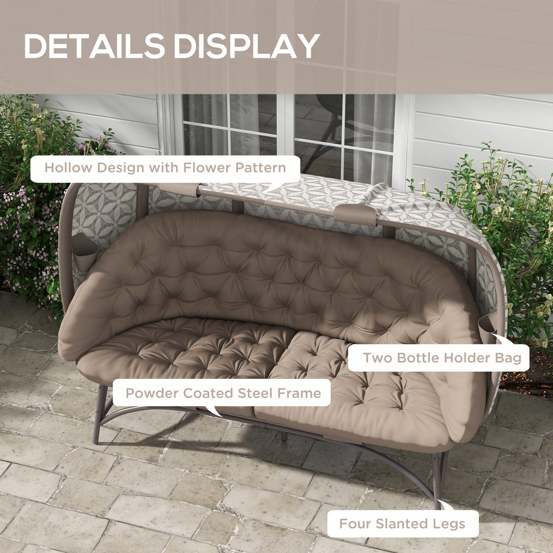 Folding Outdoor Egg Chair, Hollow Design 3 Seater Garden Furniture Chair w/ Flower Pattern Bottle Holder Bags for Indoor Outdoor, Sand Brown