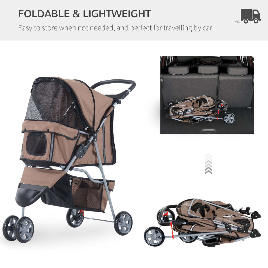 PawHut Dog Stroller with Cover for Small Miniature Dogs, Folding Cat Pram Dog Pushchair with Cup Holder, Storage Basket, Reflective Strips, Brown