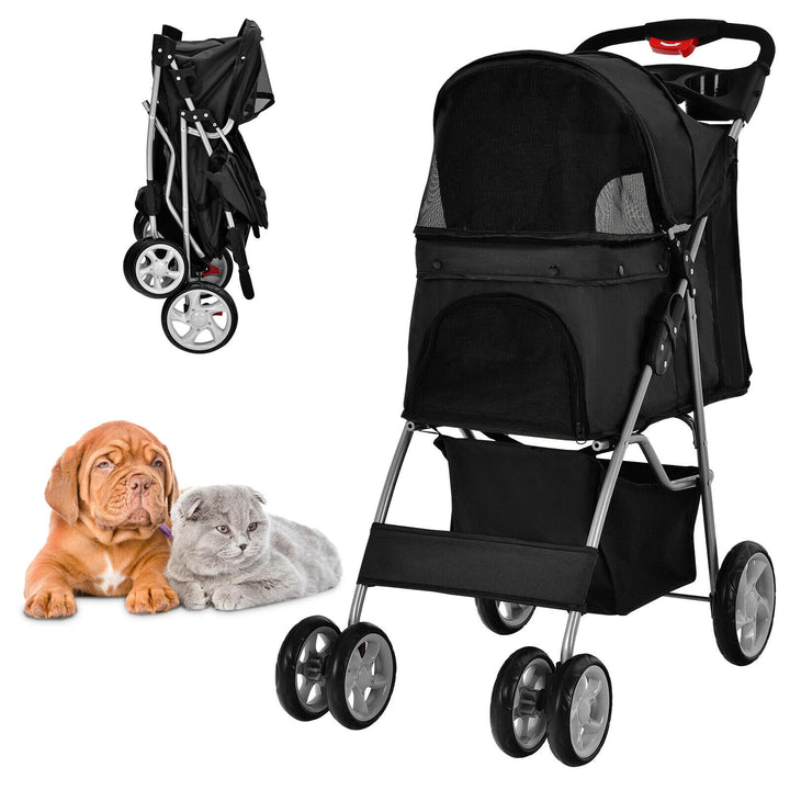 Folding Pet Stroller with Adjustable Canopy-Black