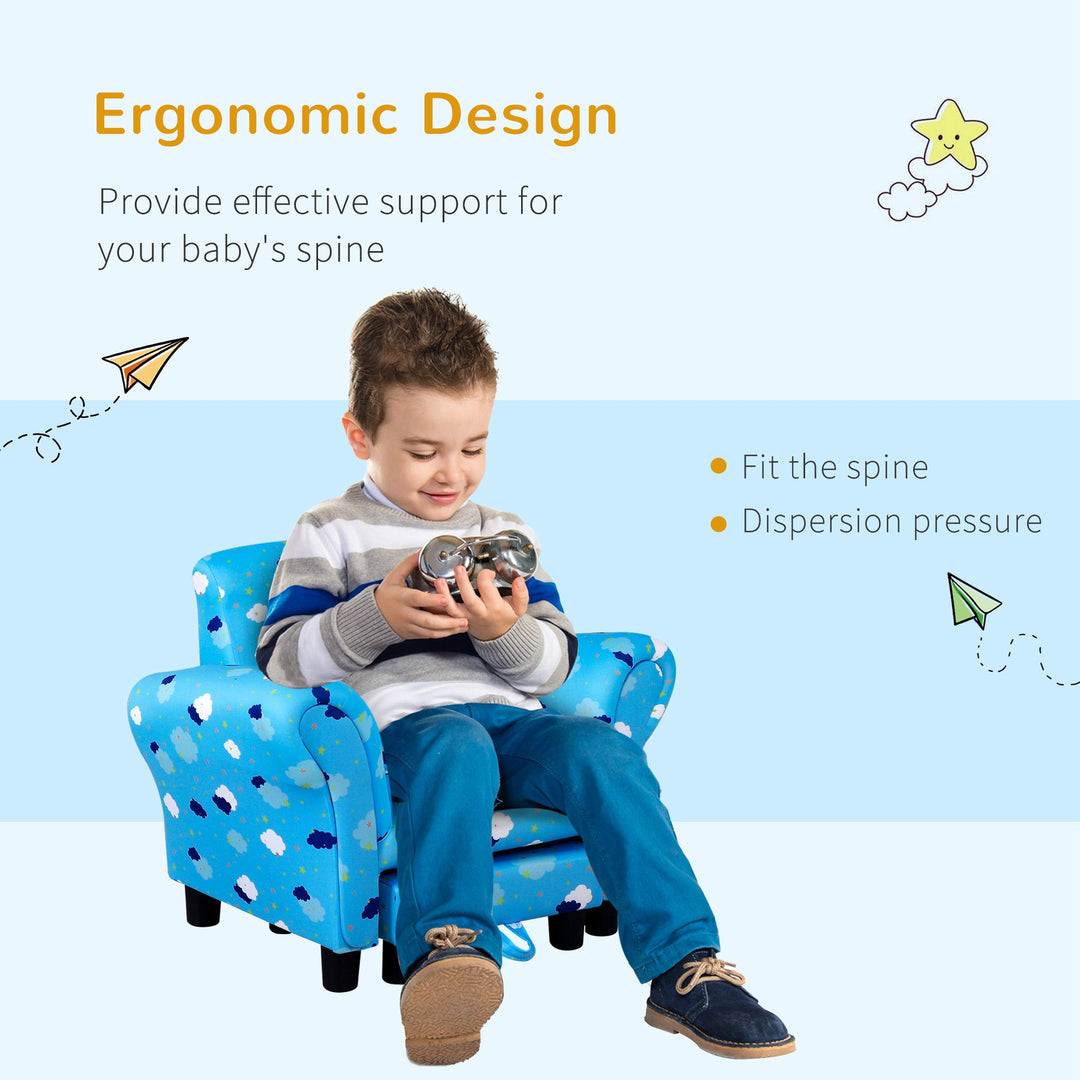 Kids Children Armchair Mini Sofa Wood Frame w/ Footrest Anti-Slip Legs High Back Arms Bedroom Playroom Furniture Cute Cloud Star Blue