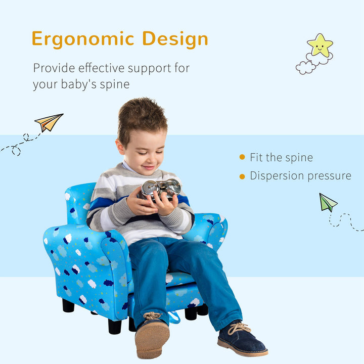 Kids Children Armchair Mini Sofa Wood Frame w/ Footrest Anti-Slip Legs High Back Arms Bedroom Playroom Furniture Cute Cloud Star Blue