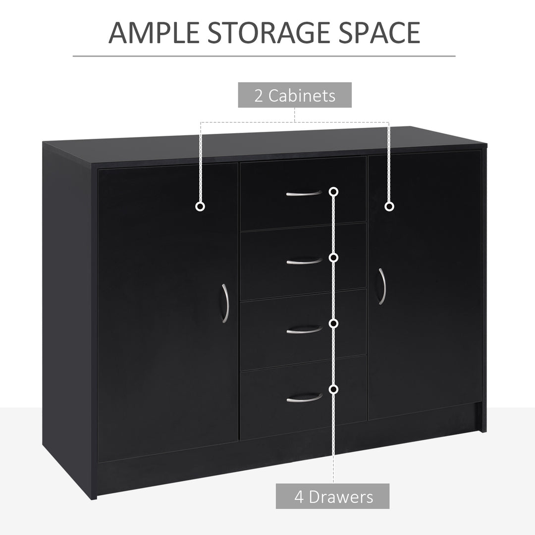 Sideboard Storage Cabinet with 2 Doors and 4 Drawers Free Standing Cupboard, Chest Organizer for Kitchen and Living Room, Black