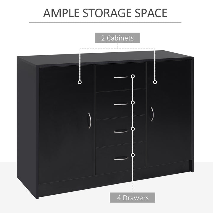 Sideboard Storage Cabinet with 2 Doors and 4 Drawers Free Standing Cupboard, Chest Organizer for Kitchen and Living Room, Black