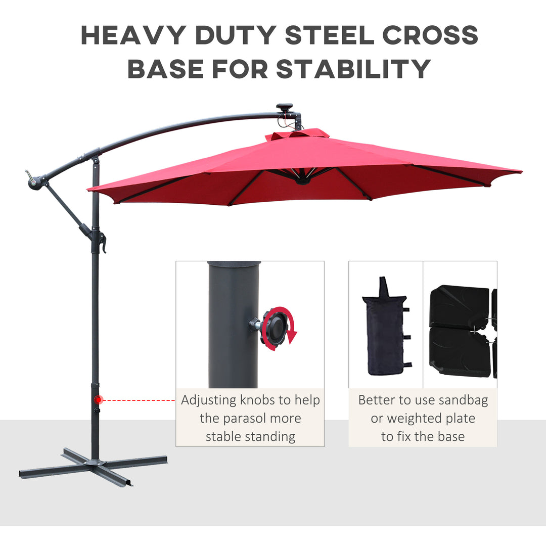 3m LED Patio Banana Umbrella Cantilever Parasol w/ Crank Cross Base Hanging Offset Umbrella Frame Steel  Aluminium Garden Table Outdoor Red