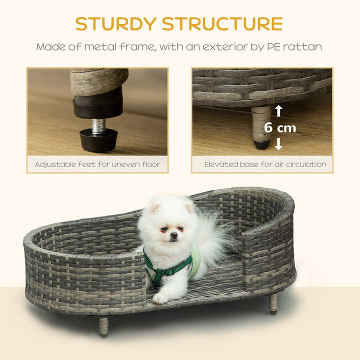 PawHut Elevated Wicker Dog Sofa, Rattan Cat Bed Hand Woven with Soft Cushion, Washable Cover, for Small &amp; Medium Dog, 75 x 42 x 29 cm, Grey