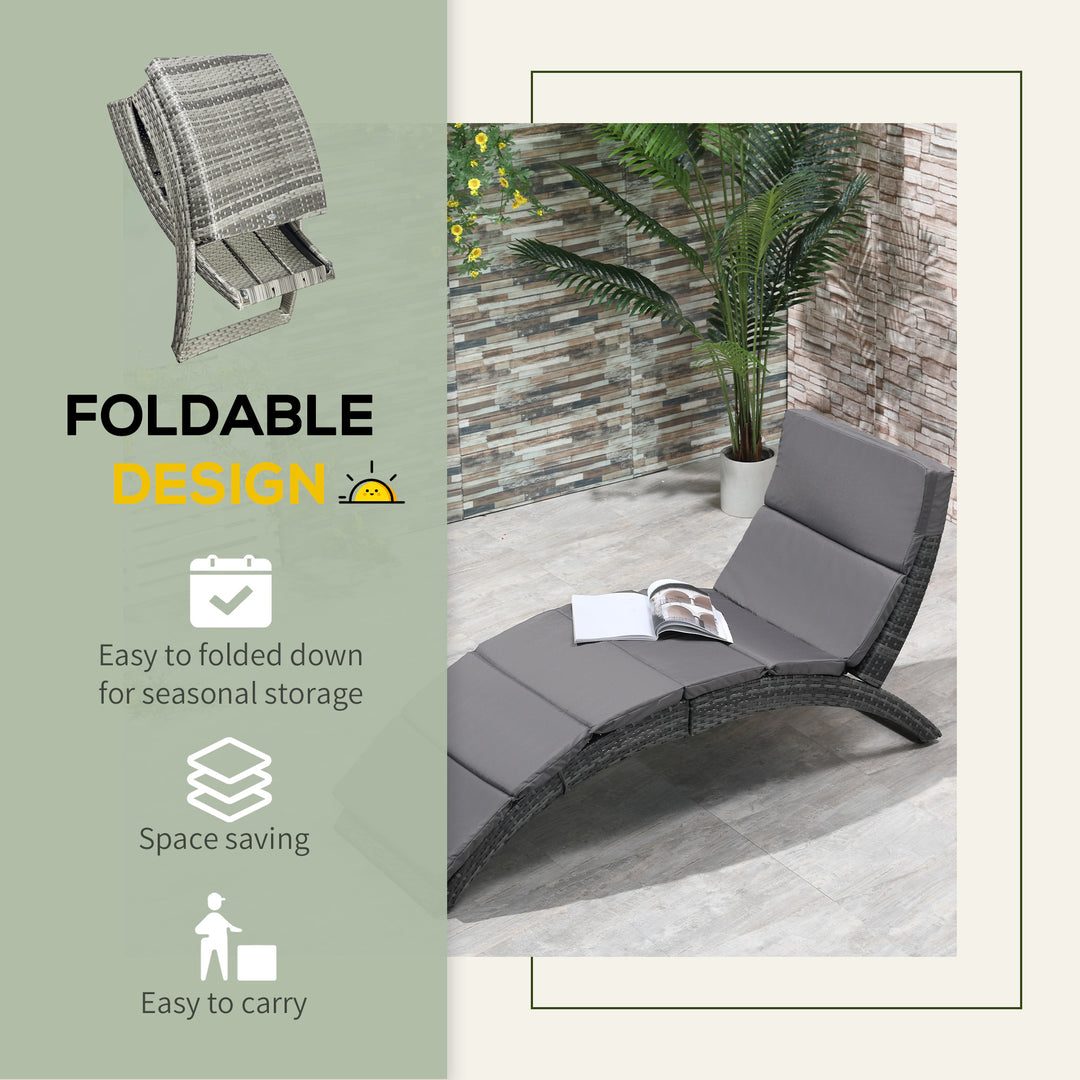 Outsunny Garden Patio Rattan Wicker Folding Sun Lounger Recliner Bed Chair with Cushion for Outdoor, Grey