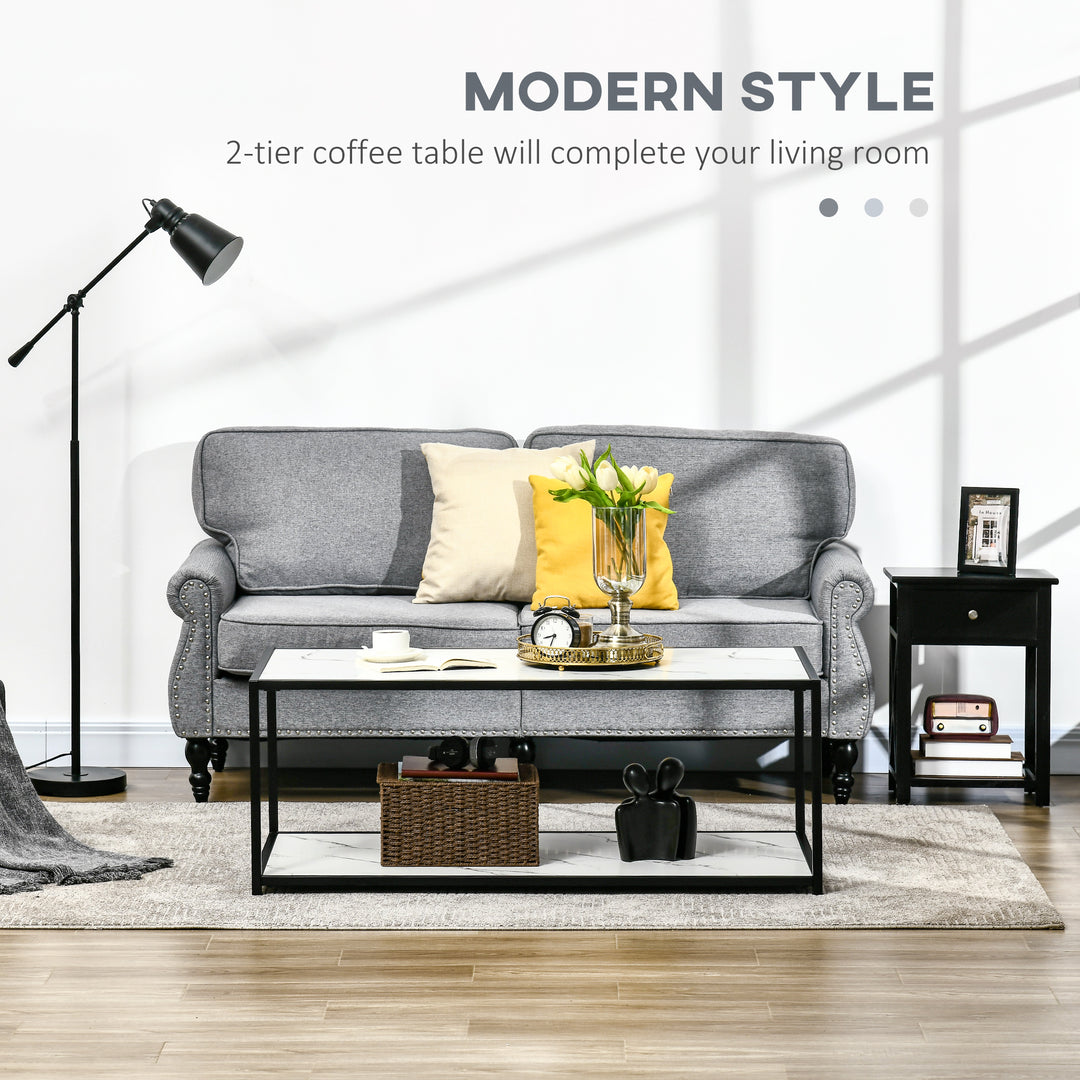 HOMCOM Modern Coffee Table with Faux Marble Top, Cocktail Table with 2-Tier Storage and Steel Frame for Living Room, White