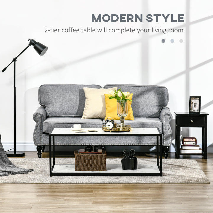 HOMCOM Modern Coffee Table with Faux Marble Top, Cocktail Table with 2-Tier Storage and Steel Frame for Living Room, White