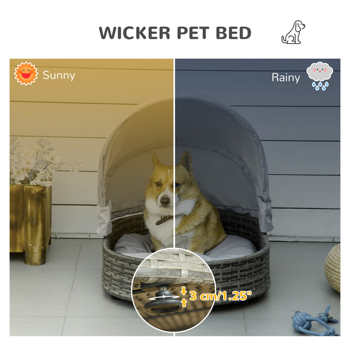 PawHut Wicker Pet Bed with Canopy Outdoor Dog Basket with Cushion for Small Medium Dogs, Grey