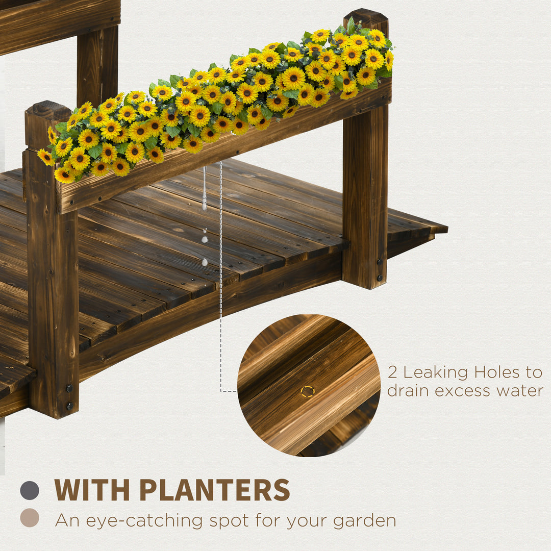 Outsunny 5FT Wooden Garden Bridge with Planters on Safety Railings, Stained Finish Arc Footbridge for Pond Backyard Stream