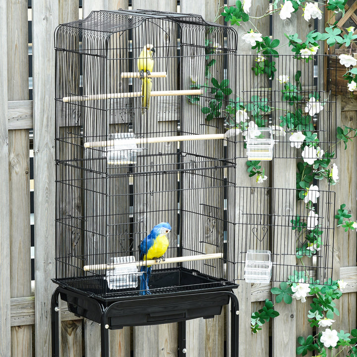 PawHut Bird Cage Budgie Cages for Finch Canary Parakeet with Stand Wheels Slide-out Tray Accessories Storage Shelf, Black 36 x 46.5 x 157 cm