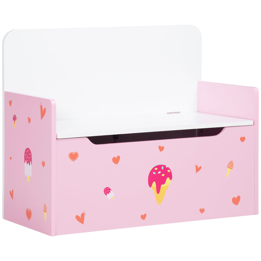 2-IN-1 Wooden Toy Box, Kids Storage Bench Toy Chest with Safety Pneumatic Rod, Cute Pattern, Pink