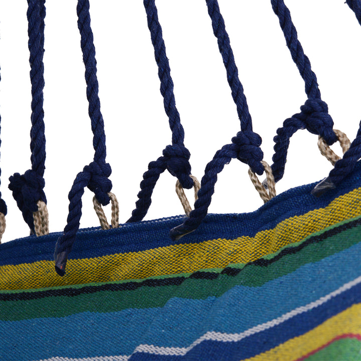 Outdoor Hammock Hanging Rope Garden Yard Patio Swing Chair Seat Woodenwith Footrest Cotton Cloth Blue Stripe