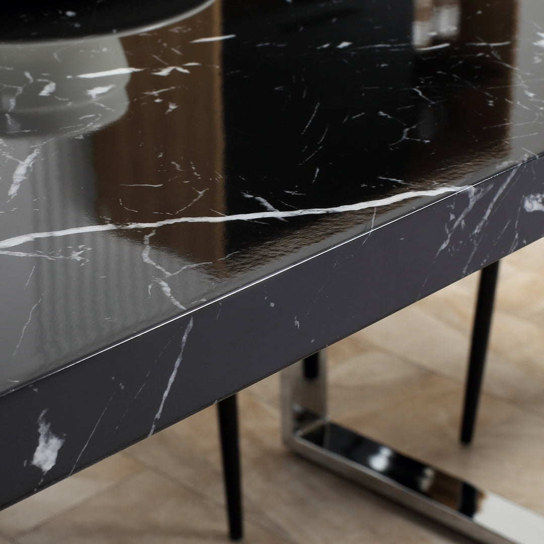 Modern Dining Room Table Rectangular Kitchen Table for 6-8 People with Marble Effect Tabletop Steel Legs 155 cm Black