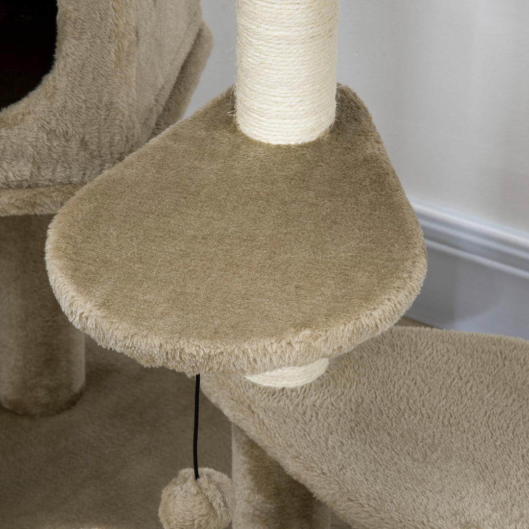 Cat Tree, Cat Tower for Indoor Cats with Sisal Scratching Post, Ramp, Kitten Bed, Condo, Ball Toy, Brown, 55x55x94 cm