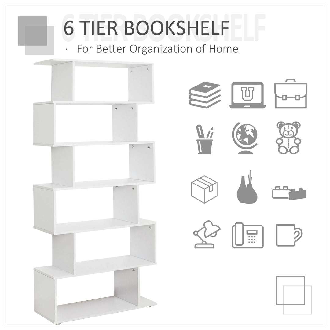 HOMCOM S Shape Wooden 6-tier Bookshelf Open Concept Bookcase Storage Display Unit for Home Office Living Room, White