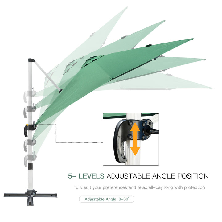 3 x 3(m) Cantilever Parasol, Square Garden Umbrella with Cross Base, Crank Handle, Tilt, 360° Rotation and Aluminium Frame, Green